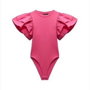 WOMEN ZARA RUFFLE SLEEVE BODYSUIT RIBBED PINK